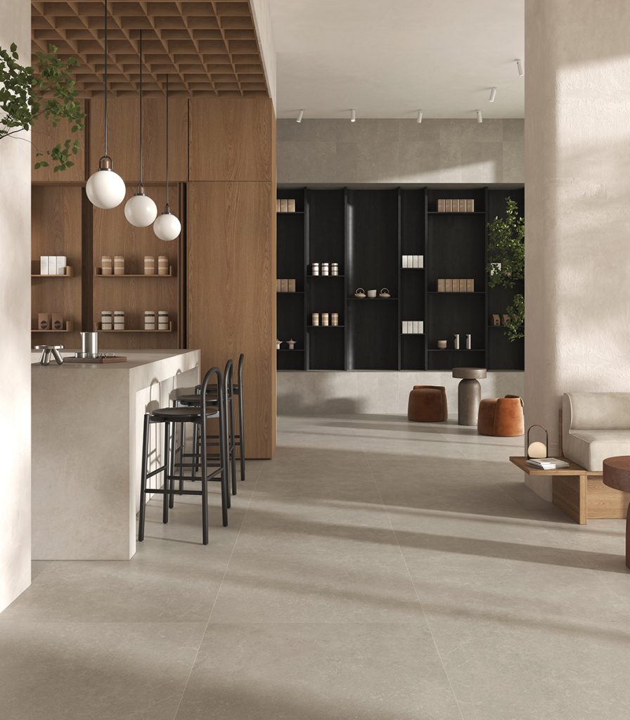 Limestone effect tiles used in a commercial restaurant setting