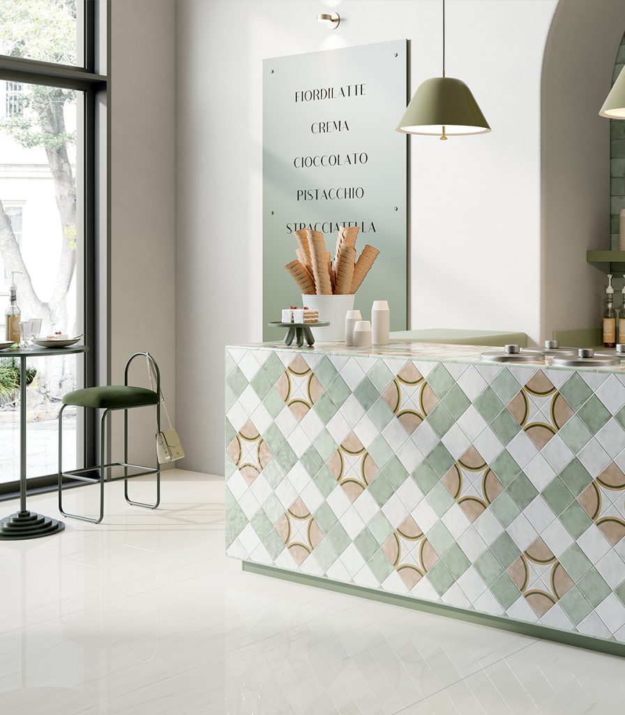 Vibrant and pattern ceramic tiles used in a commercial bar area.