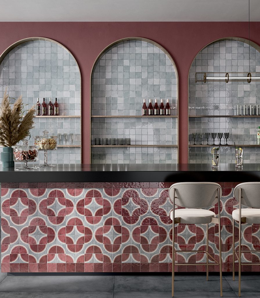 Vibrant and pattern ceramic tiles used in a commercial restaurant and bar area.