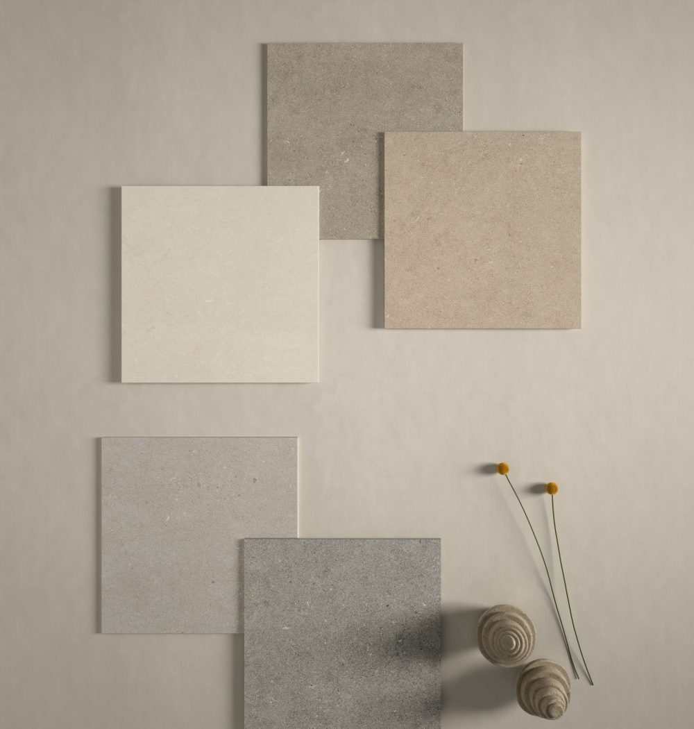 Inspired by limestone with its clastic granules and microfossil inclusions.